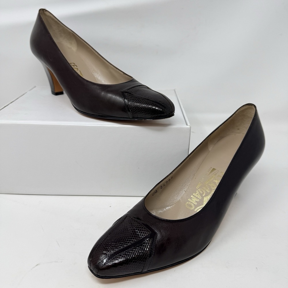 Vintage Salvatore Ferragamo Pumps Womens 8 AA Brown Leather Lizard Italy DQ24798
